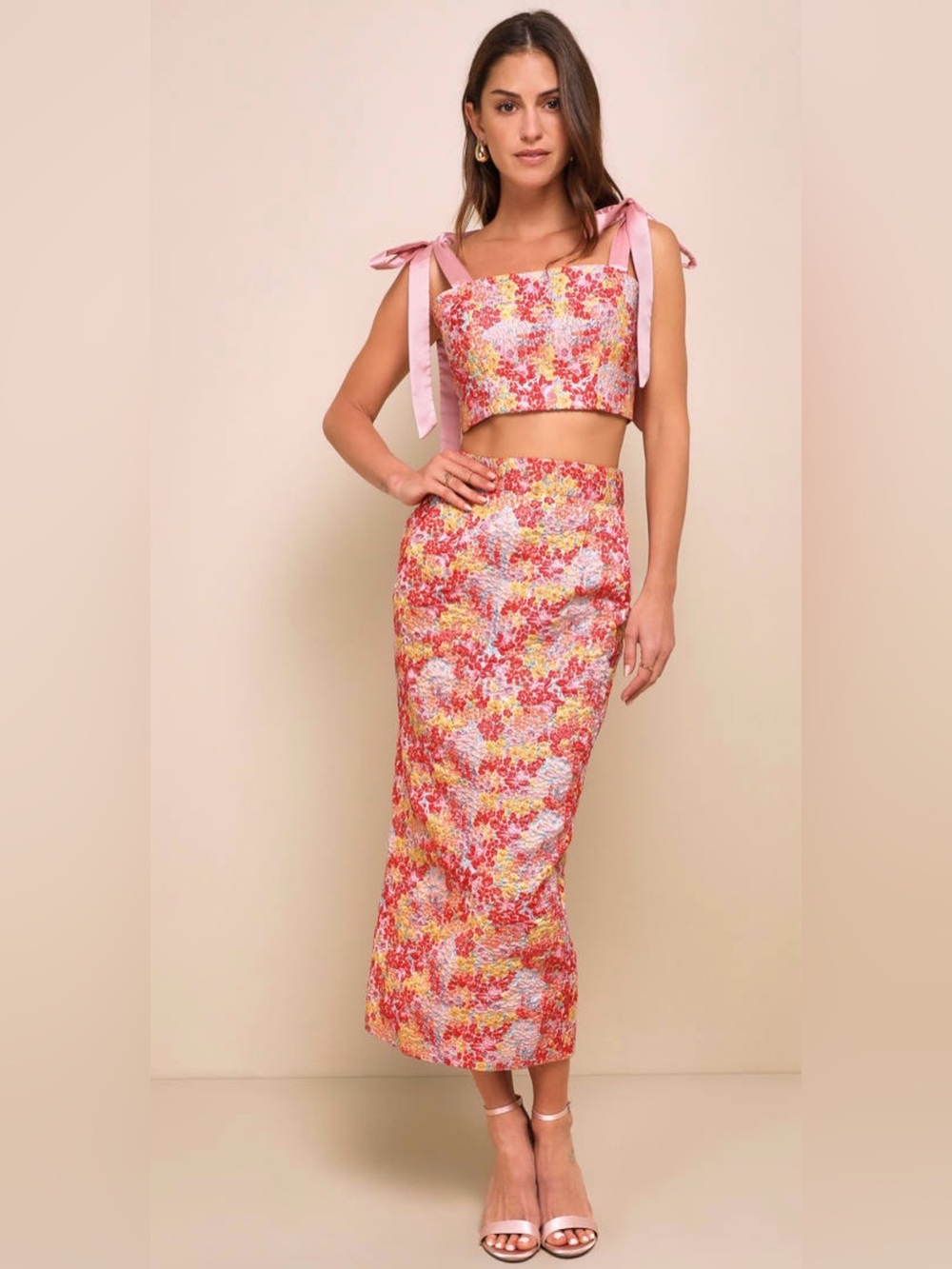 Lulu's Ellarina Pink Floral Metallic  Tie-Shoulder Two Piece Midi Dress